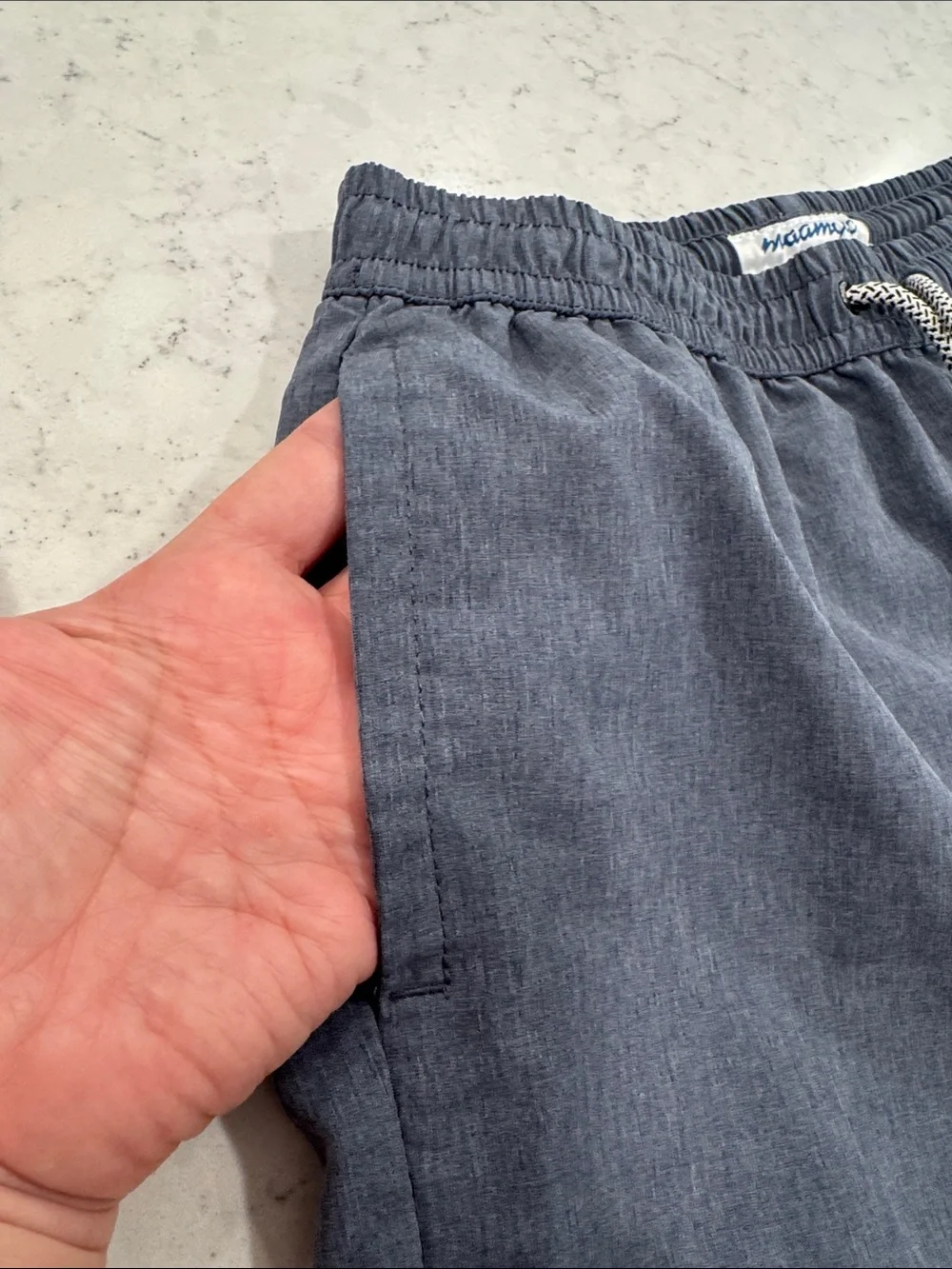 Maamgic Stretch Mens M Solid Denim Blue Drawstring Elastic Shorts Pockets Lining